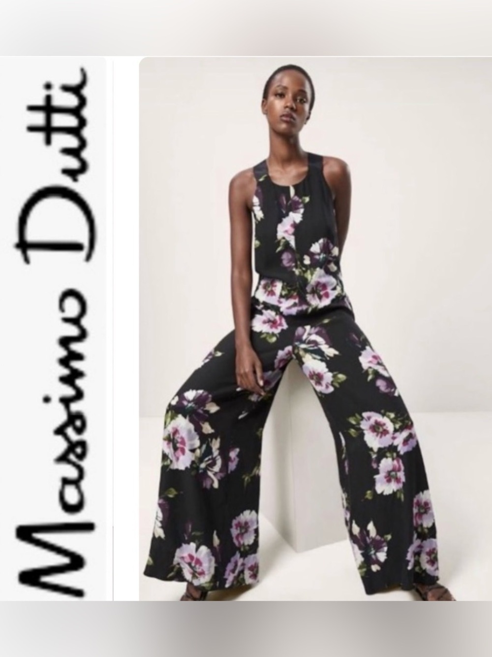 Massimo Dutti Floral Wide Leg Jumpsuit Romper Size 4 Black Purple